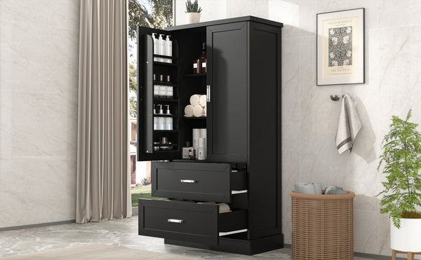 English Elm Tall Bathroom Storage Cabinet with Adjustable Shelves, Two Doors & Drawers, Space-Saving 66" Tall Black N725P178675B