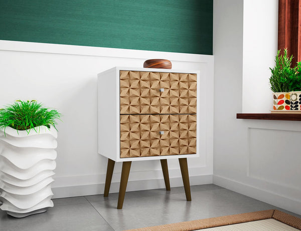 Manhattan Comfort Liberty Mid-Century Modern Nightstand White and 3D Brown Prints 204AMC67