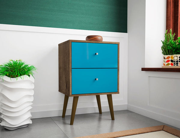 Manhattan Comfort Liberty Mid-Century Modern Nightstand Rustic Brown and Aqua Blue 204AMC93