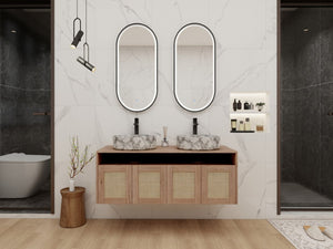 English Elm 48" Floating Bathroom Vanity Oak Finish Dual Ceramic Sinks Four Soft Close Doors W999S00494