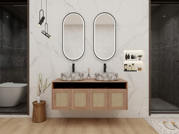 English Elm 48" Floating Bathroom Vanity Oak Finish Dual Ceramic Sinks Four Soft Close Doors W999S00494
