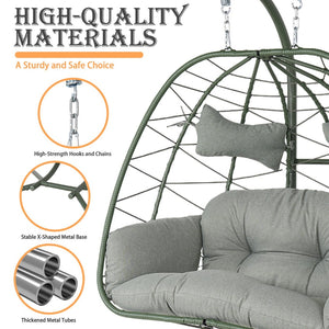 English Elm 2-person Wicker Egg Hanging Chair with Canopy Steel Stand Outdoor Patio Swing T5880P502250