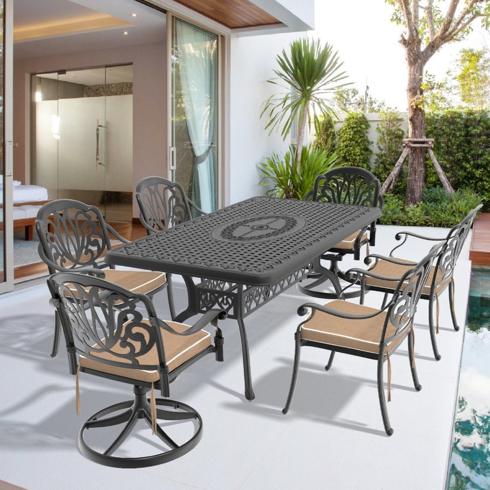 English Elm 7-piece Outdoor Cast Aluminum Dining Set with Ornate Relief Patio Table and Swivel Chairs W1710S00593
