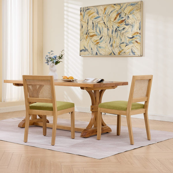 English Elm Farmhouse Rattan Back Dining Chairs Set of 2 with Linen Seat and Hardwood Legs Olive Green W1143P452936
