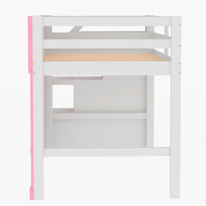 English Elm Twin Loft Bed with Storage Staircase and Window — Pinewood Modern Space-Saving Kids' Play & Sleep Loft Pink GX000727AAH