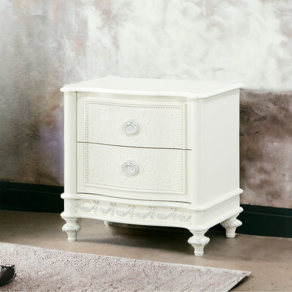 English Elm Ivory Romantic 2-Drawer Nightstand with Floral Ring Pulls, Smooth Metal Glides, Elegant Bedroom Accent B062P209005
