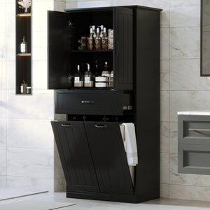 English Elm Christopher Knight Home® - Bathroom Storage Cabinet with Doors Drawer & Dual Laundry Baskets, MDF Build, Adjustable Shelf, Anti-Tip Device Black N759P243350B