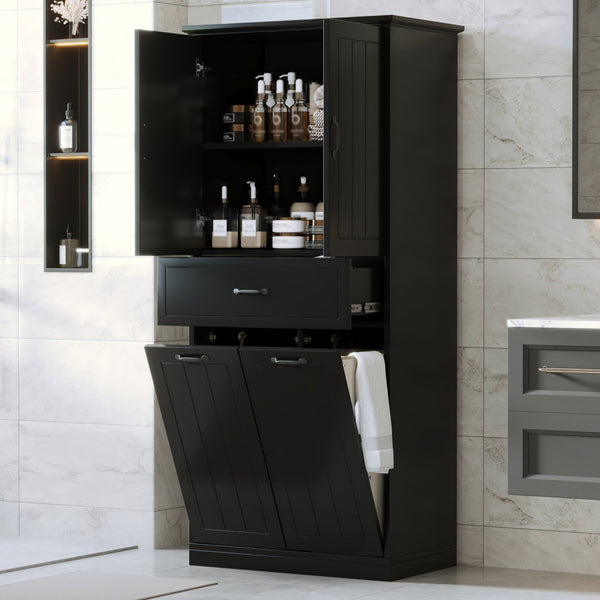 English Elm Christopher Knight Home® - Bathroom Storage Cabinet with Doors Drawer & Dual Laundry Baskets, MDF Build, Adjustable Shelf, Anti-Tip Device Black N759P243350B
