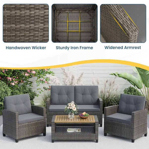 English Elm 4-piece Wicker Outdoor Conversation Set with Acacia Wood Table and Foam Cushions Grey+Brown B082S00062