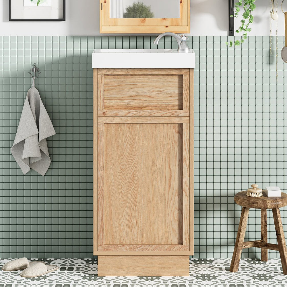 English Elm 15.75" Rustic Bathroom Vanity with Reversible Resin Sink, Soft-Close Door, Adjustable Shelf, Compact Elegance N729P285513N
