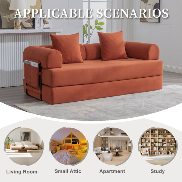 English Elm UNITED modular foldable sofa with metal frame, corduroy upholstery, side pocket & quick assembly convenience Orange W1568P374079