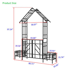 English Elm Metal Garden Arch Gate with Planters Powder Coated Steel Climbing Rose Trellis Outdoor W1586P278425