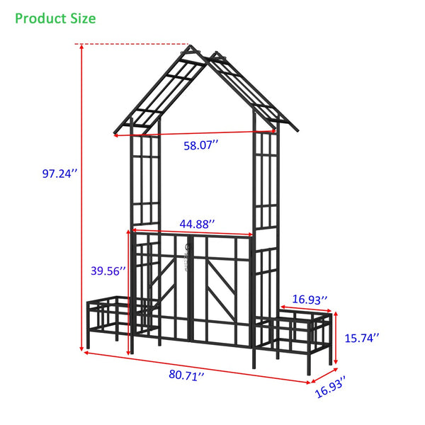 English Elm Metal Garden Arch Gate with Planters Powder Coated Steel Climbing Rose Trellis Outdoor W1586P278425