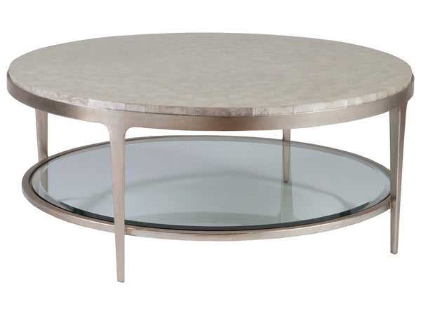 Lexington Artistica Home Gravitas Round Cocktail Table - Unique Capiz Shell Inlay & Hand-forged Iron Base For Elegant Living Spaces Champagne Wood 2050-943c