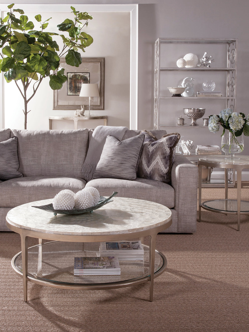 Lexington Artistica Home Gravitas Round Cocktail Table - Unique Capiz Shell Inlay & Hand-forged Iron Base For Elegant Living Spaces Champagne Wood 2050-943c