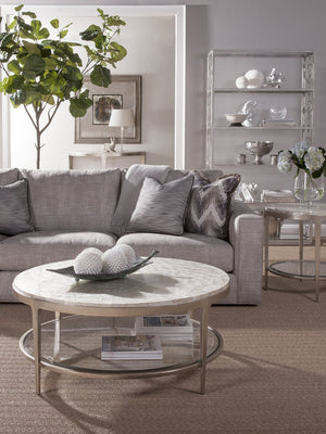 Lexington Artistica Home Gravitas Round Cocktail Table - Unique Capiz Shell Inlay & Hand-forged Iron Base For Elegant Living Spaces Champagne Wood 2050-943c