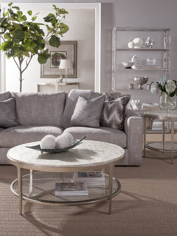 Lexington Artistica Home Gravitas Round Cocktail Table - Unique Capiz Shell Inlay & Hand-forged Iron Base For Elegant Living Spaces Champagne Wood 2050-943c