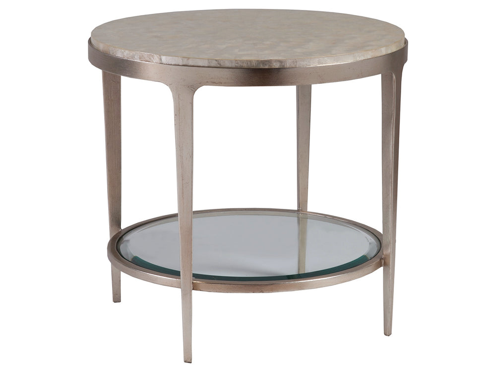 Lexington Artistica Home Gravitas Round End Table - Stunning Capiz Shell Inlay, Hand-forged Iron Base, Unique Sunburst Design Champagne Wood 2050-953c