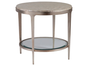 Lexington Artistica Home Gravitas Round End Table - Stunning Capiz Shell Inlay, Hand-forged Iron Base, Unique Sunburst Design Champagne Wood 2050-953c