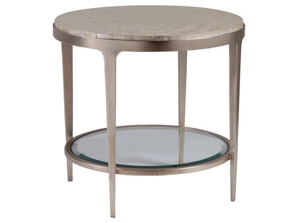 Lexington Artistica Home Gravitas Round End Table - Stunning Capiz Shell Inlay, Hand-forged Iron Base, Unique Sunburst Design Champagne Wood 2050-953c