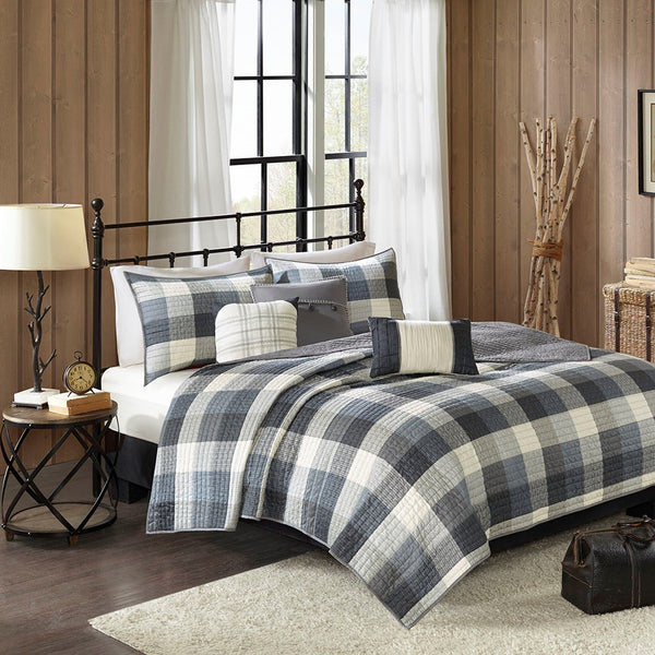 English Elm 6 Ridge Reversible Herringbone Quilt Set with Embroidered Throw Pillows Buffalo Plaid Cozy Lodge Vibe Grey 22.83 L x 17.72 W x 11.81 H B03597499