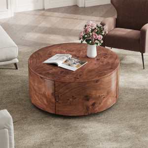 English Elm Burl Veneer Round Coffee Table Swivel Top Two Drawers Walnut Living Room N735P387206D
