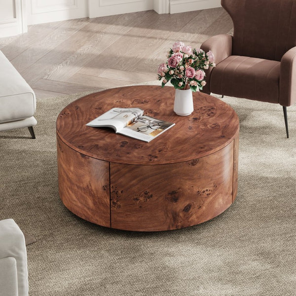 English Elm Burl Veneer Round Coffee Table Swivel Top Two Drawers Walnut Living Room N735P387206D