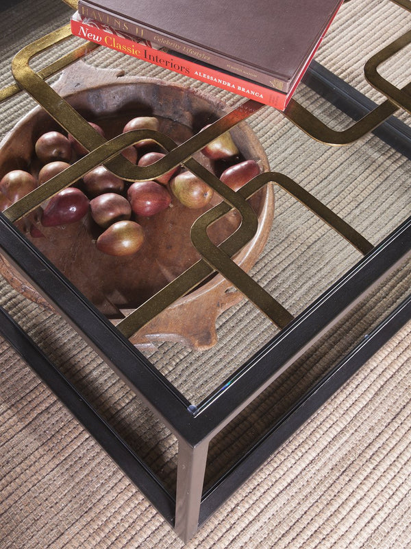 Lexington Artistica Home Moxie Rectangular Cocktail Table - Hand-forged Fretwork, Antique Black Base & Stunning Glass Design Ebony Wood 2051-945c