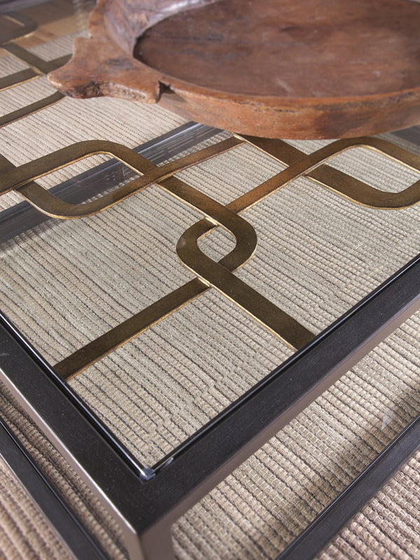 Lexington Artistica Home Moxie Rectangular Cocktail Table - Hand-forged Fretwork, Antique Black Base & Stunning Glass Design Ebony Wood 2051-945c