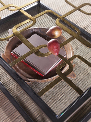 Lexington Artistica Home Moxie Rectangular Cocktail Table - Hand-forged Fretwork, Antique Black Base & Stunning Glass Design Ebony Wood 2051-945c