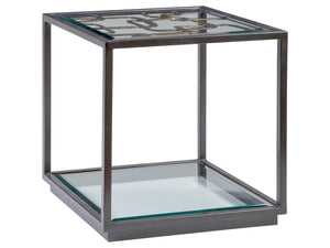 Lexington Artistica Home Moxie Square End Table - Stunning Antique Black Metal Base With Glazed Gold Foil And Glass Shelf Ebony Wood 2051-957c