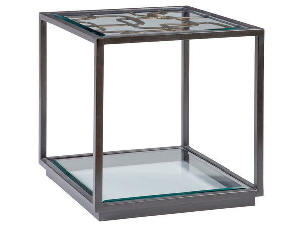Lexington Artistica Home Moxie Square End Table - Stunning Antique Black Metal Base With Glazed Gold Foil And Glass Shelf Ebony Wood 2051-957c