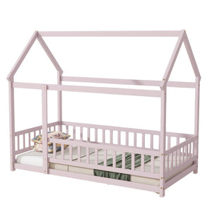 English Elm Twin Size House Floor Bed With Charming Roof Frame, Safety Guardrails & Soft Pink Finish For Kids W504P286405-GIGA