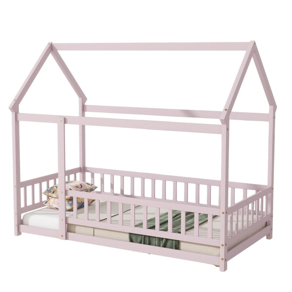 English Elm Twin House Frame Floor Bed Rubberwood with Roof Canopy and Safety Rails for Kids Pink W504P429347