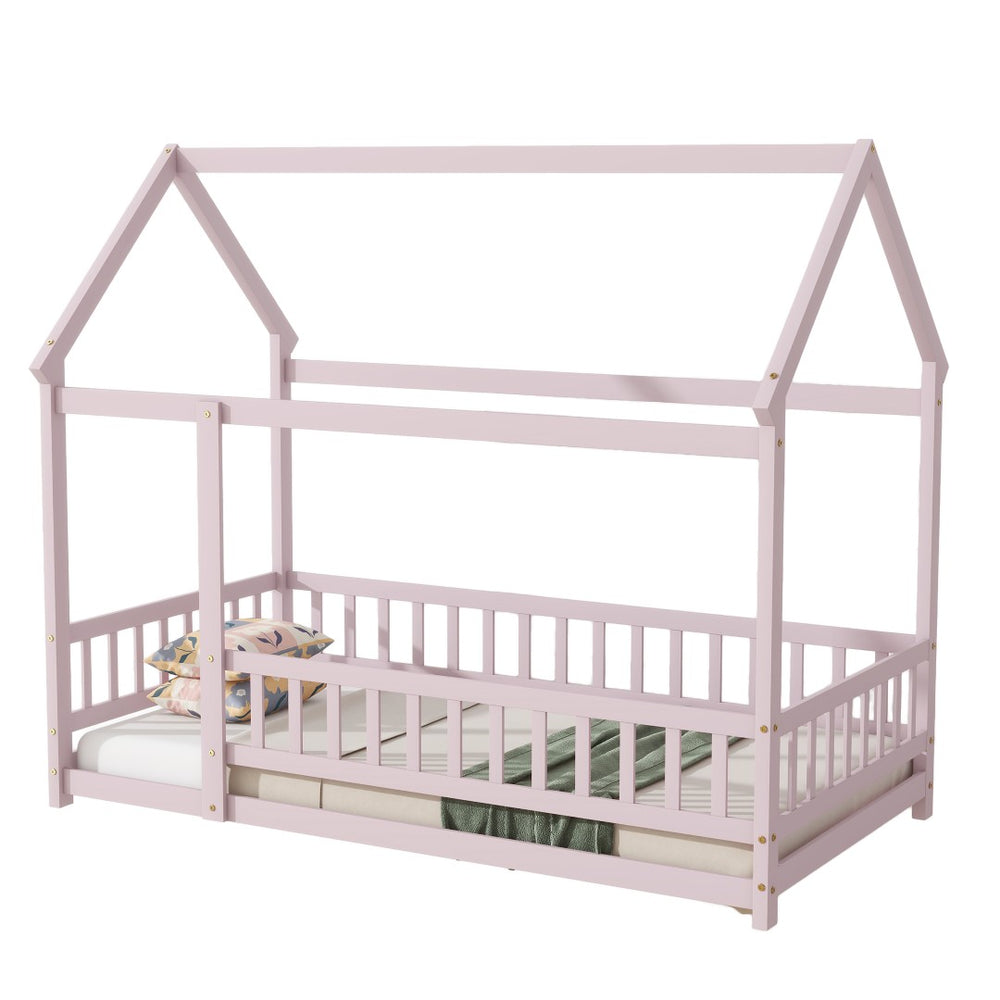 English Elm Twin House Frame Floor Bed Rubberwood Build with Safety Rails for Kids Bedroom W504P482178