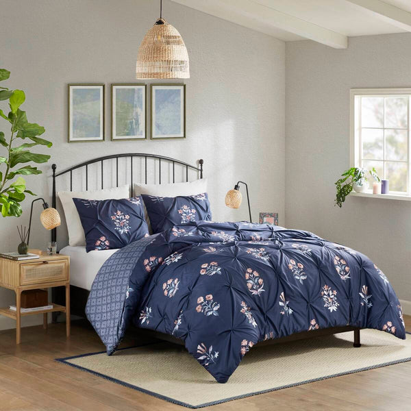 English Elm King/Cal King Floral Pintuck Duvet Cover Set – Navy Microfiber, Modern Farmhouse Elegance, Button Closure & Inner Ties B035P217808