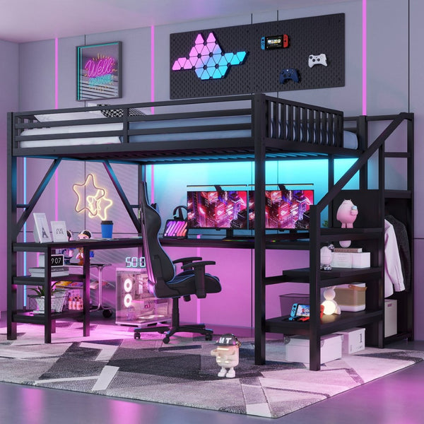 English Elm Metal Queen Loft Bed with L Shaped Desk Wardrobe Rgb Lighting and Usb Charging W2593S00065