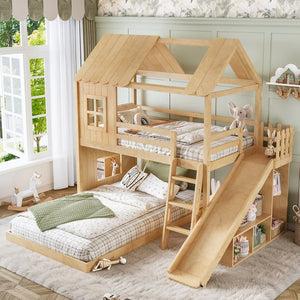 English Elm Twin Over Full Playhouse Bunk Bed with Slide Ladder Storage Shelves and Wardrobe W5305S00040