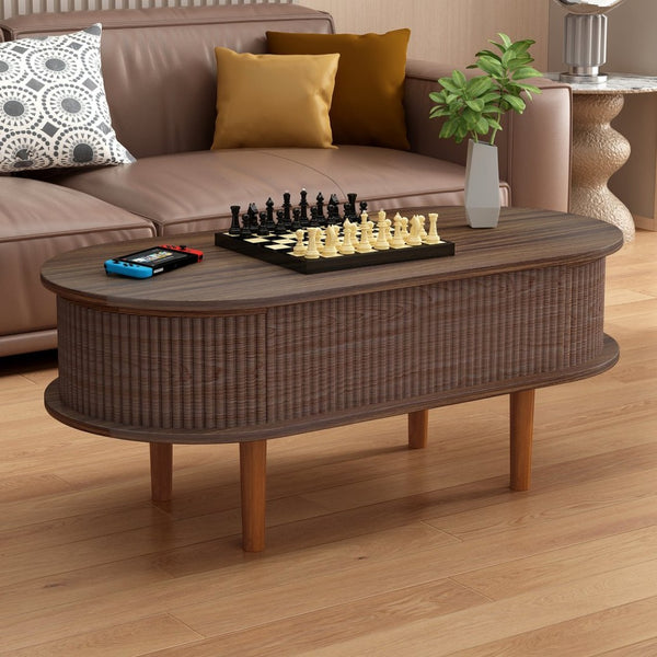 English Elm Fluted Oval Lift Top Coffee Table with Hidden Storage Mid-century Modern Living Room Walnut W2641P384388