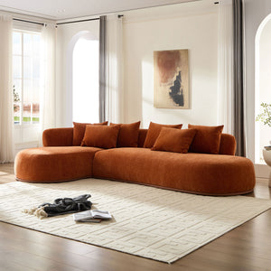 English Elm Modern L Shape Sectional Sofa 134.6" Modular Curved Chaise 6 Pillows PU Leather Base Orange W3208S00005