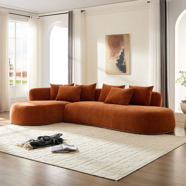 English Elm Modern L Shape Sectional Sofa 134.6" Modular Curved Chaise 6 Pillows PU Leather Base Orange W3208S00005