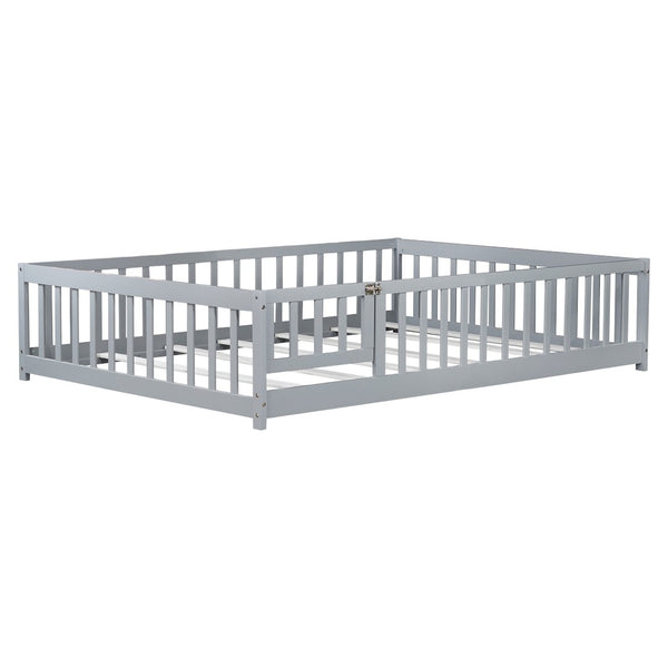 English Elm Twin Solid Rubberwood Floor Bed with Full Perimeter Safety Rails for Toddler Rooms Grey W504P296784