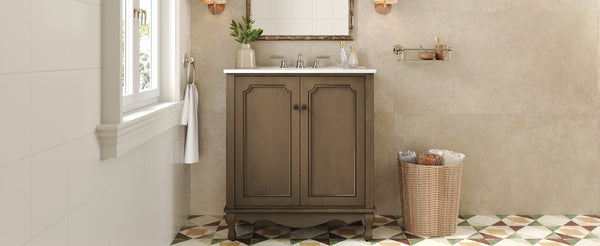 English Elm Christopher Knight Home® - 30" Vintage Bathroom Vanity with Rectangle Ceramic Sink, Rubber Wood Legs, Soft-Close Doors, Adjustable Shelves Antique brown N817P245316L
