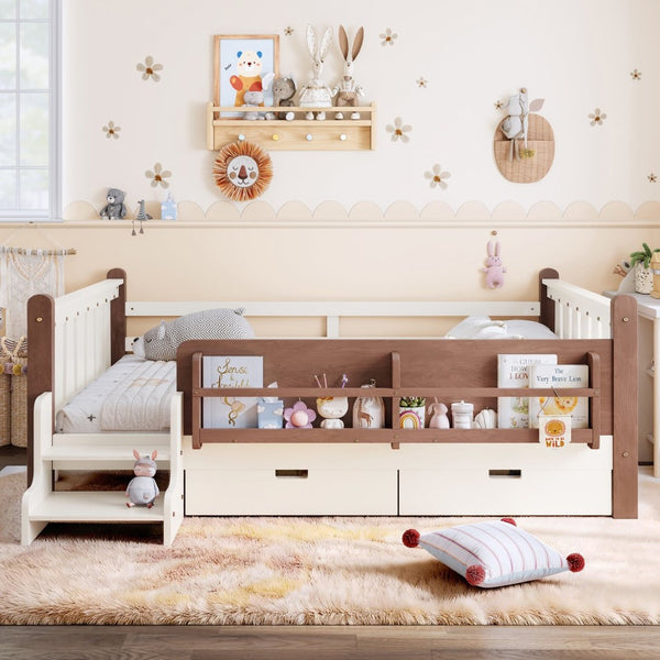 English Elm Twin Kids Platform Bed with Trundle Staircase Bookshelf and Rounded Safety Rails Beige W1580S00539