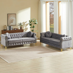 English Elm Velvet Chesterfield Tufted Sofa with Copper Stud Trim and Gold Legs for Glam Living Grey W834S00624