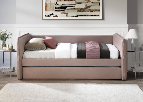 English Elm Daybed Upholstered Twin-Over-Twin with Trundle in Dusty Rose Velvet-Look Fabric, Easy Care Finish Mauve 79.25 L x 12.5 W x 6.25 H B2699S00041