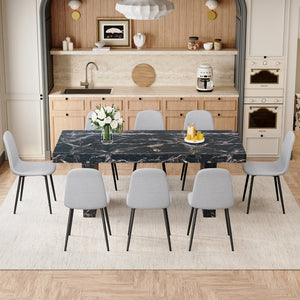 English Elm Table and Chair Set Seats 8 with Marble Mdf Top and Gray Linen Upholstered W1151S03921