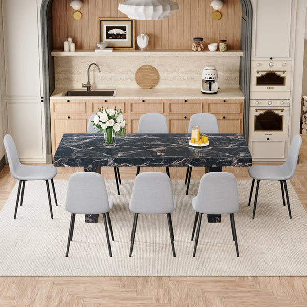 English Elm Table and Chair Set Seats 8 with Marble Mdf Top and Gray Linen Upholstered W1151S03921