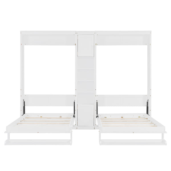 English Elm Dual Twin Murphy Beds with Built-In Cabinets & Shelves for Space-Saving Guest Rooms and Studios White N820S00058K