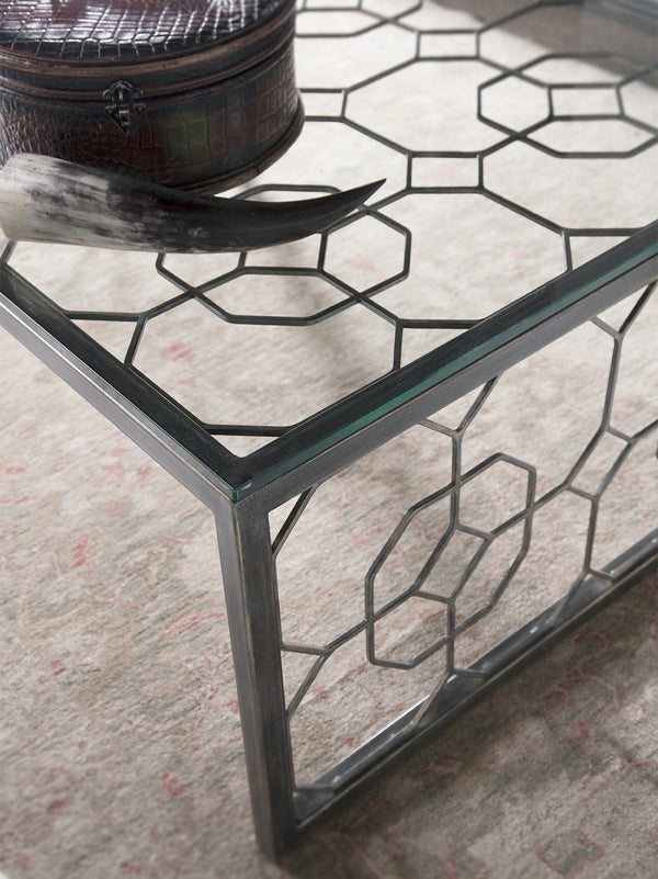 Lexington Artistica Home Honeycomb Rectangular Cocktail Table - Hand-forged Iron Base & Beveled Glass Top For Modern Elegance St. Laurent Wood 2056-945-44